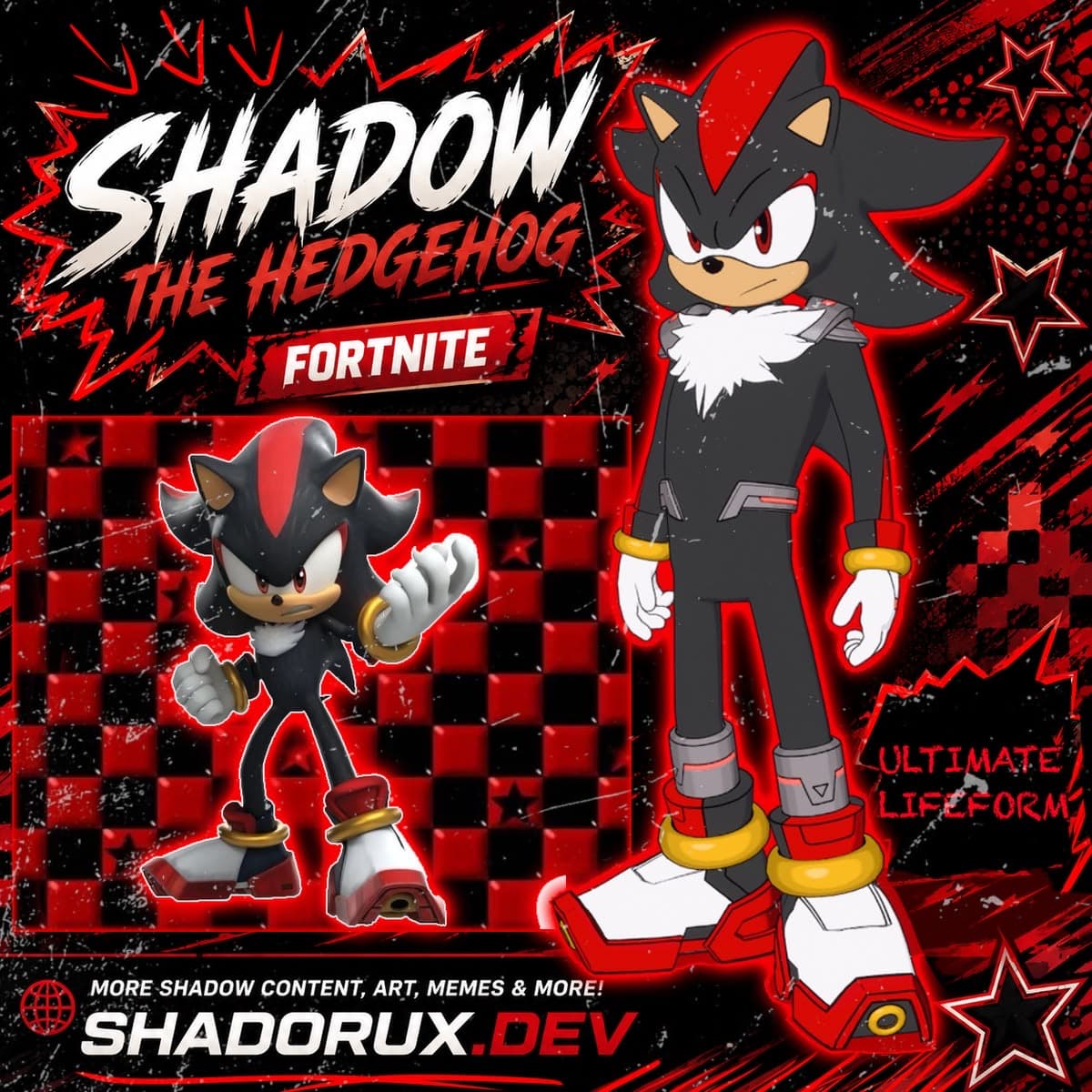 Red and black Shadow the Hedgehog and Fortnite crossover graphic