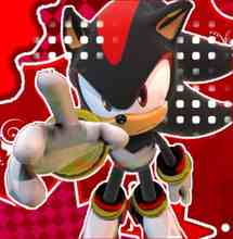 Shadow the Hedgehog plush reaching toward the camera on a red graphic background